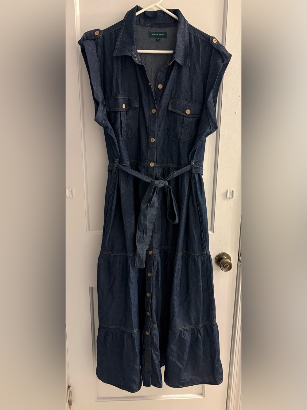 Meadow Rhodes Blue Denim Midi Dress Ruffle Sleeve Tiered Cotton Size 2X